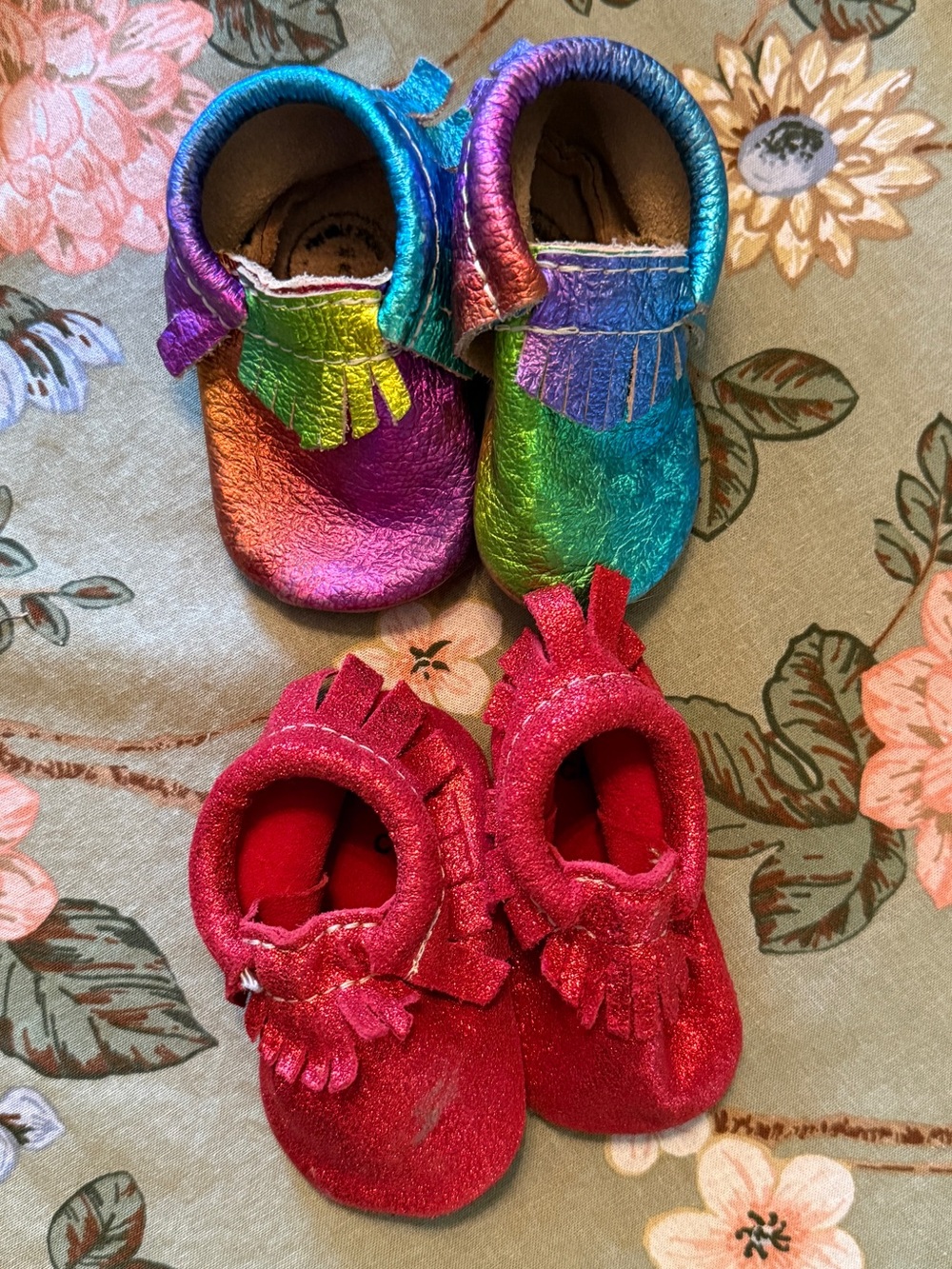 Freshly Picked Rainbow / Red Fringe Moccasin Shoes - Soft Baby Moccs Bundle